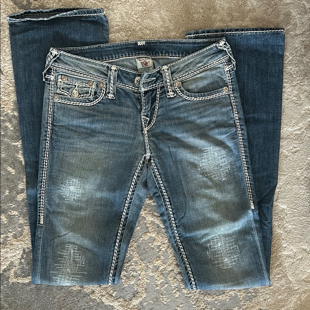True Religion Blue Boot Cut Jeans with Distressed Look